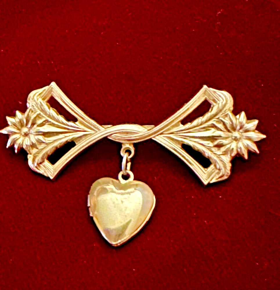 Lillian Vernon Heart Brooch Locket Dangles From Bar Light Gold 2.0″ Dainty Vtg.