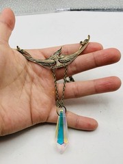 Vintage Style Art Nouveau Oxidized Brass Crane Bird w/ Rainbow Bead Necklace