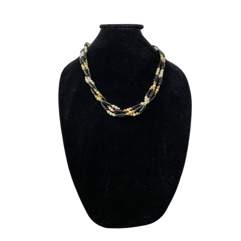 Vintage Faux Pearl & Beaded Necklace 3 Strand Black White Gold Tone