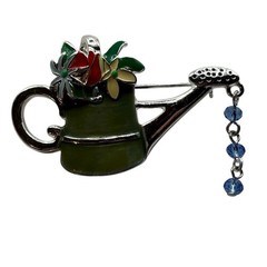 Watering Can Brooch Pin Green Enamel Floral Blue Dangle Beads Gardening Nature