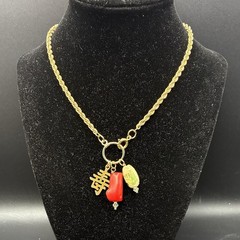 Custom Vintage Charm Trio, Vtg Gold Plated Chain Necklace, Coral, Chinese Symbol