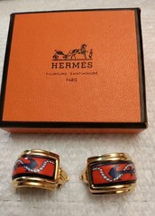 Hermes Nautical Clip On Earrings Gold Plated Cloisonne & Enamel Vintage