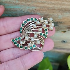 Vtg Abstract Brooch Faux Pearl Green Rhinestone Silver Toned Bouquet Art Beauty