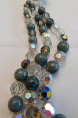 Vtg 1960 Christian Dior Signed 3 Strand Gray Art Glass AB Crystal Bead Necklace