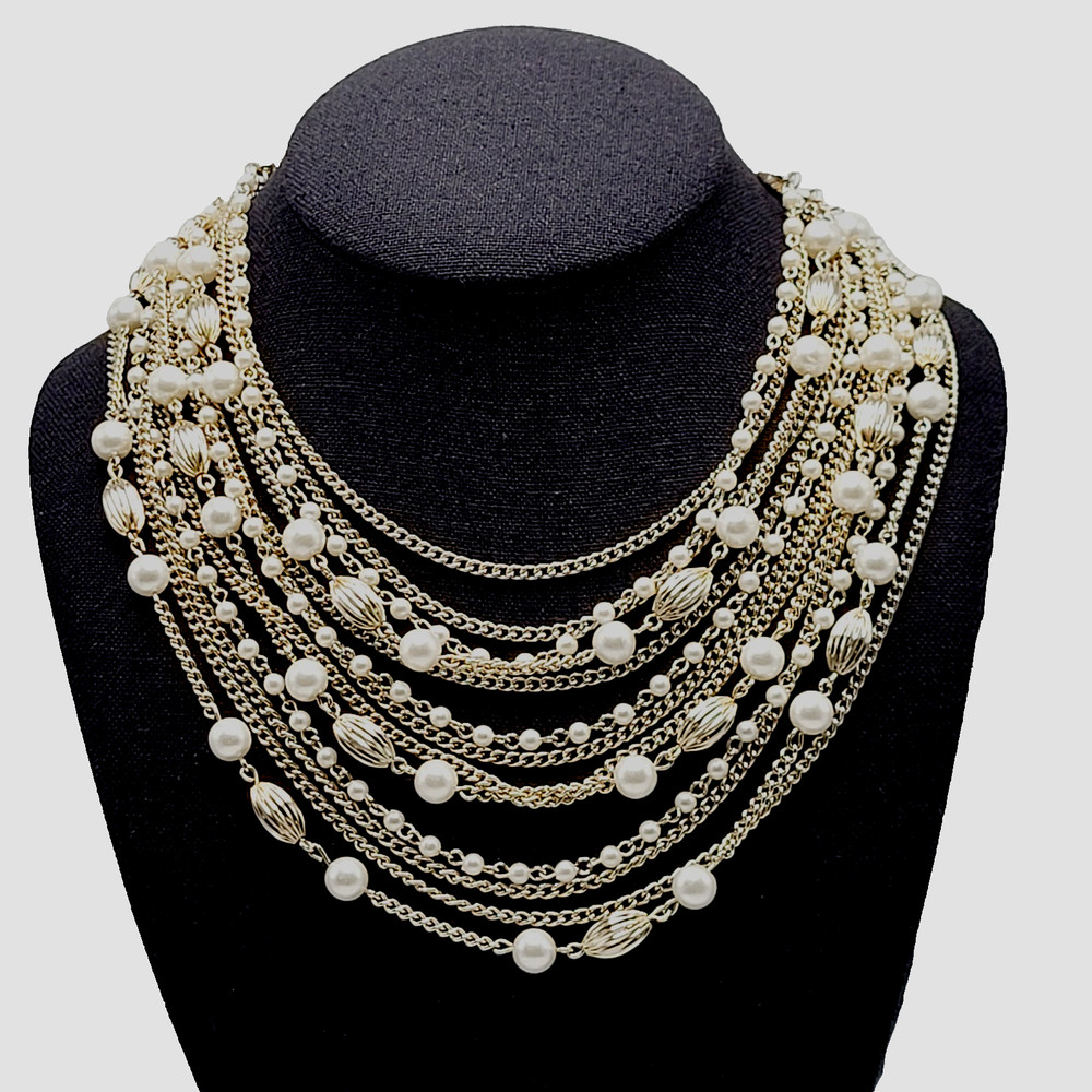 Elegant Multi Chain Bead Faux Pearl Gold Tone Layered Necklace Vintage 18 Inch