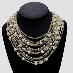 Elegant Multi Chain Bead Faux Pearl Gold Tone Layered Necklace Vintage 18 Inch