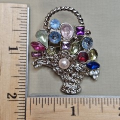 Vintage Silver Tone Colorful Rhinestone Faux Pearl Flower Basket Brooch Pin