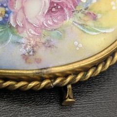 Limoges France Vintage Oval Porcelain Rose Flower Brooch Pin Trombone Clasp