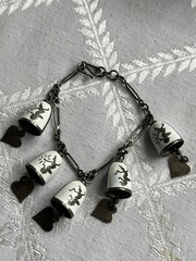 Vtge Siam Sterling Silver White Enamel Bell Charm Bracelet Jingle Bell Hearts 6″