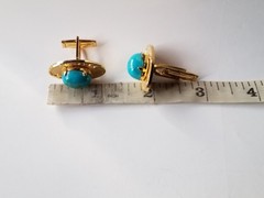 Vintage Matching Set Cufflinks, Tie Bar & Tack Gold Tone W Faux Turquoise Stones