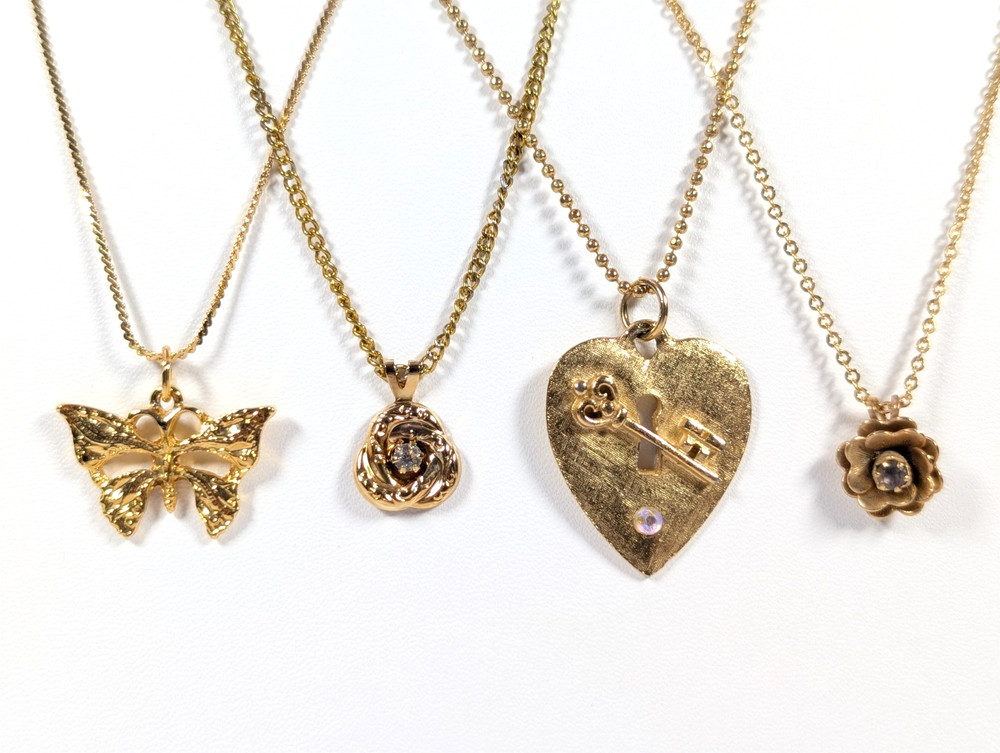 Vtg Love Knot Heart Key Lock Flower Butterfly Pendant Gold Tone Necklace LOT