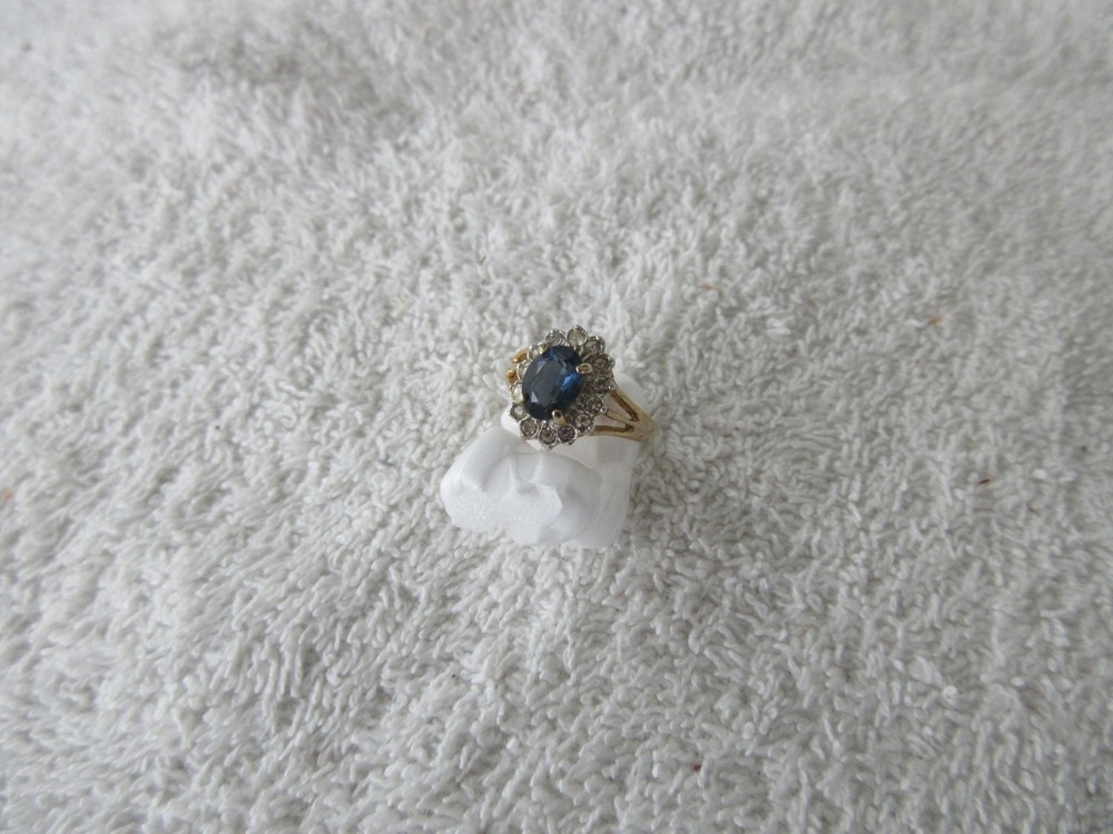 GORGEOUS~~[ 14k Yellow Gold GF ] Espo Dark Blue Sapphire Ring +CZS~~SIZE 5.25
