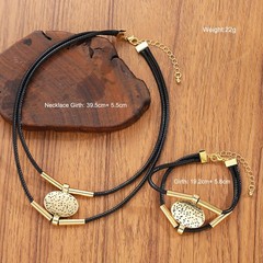 Vintage Oval Faux Leather Necklace Bracelet Set Women Gold Silver 2pc Jewelry
