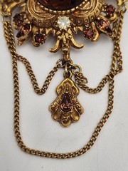 Vintage Florenza Signed Brooch Amber Topaz Rhinestone Gold Tone Chains 3.25″ Lg