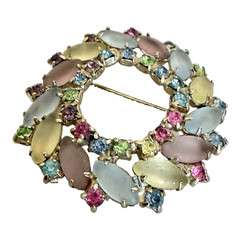 Vintage Silver Tone Unsigned Juliana DeLizza Pastel Glass & Rhinestone Brooch