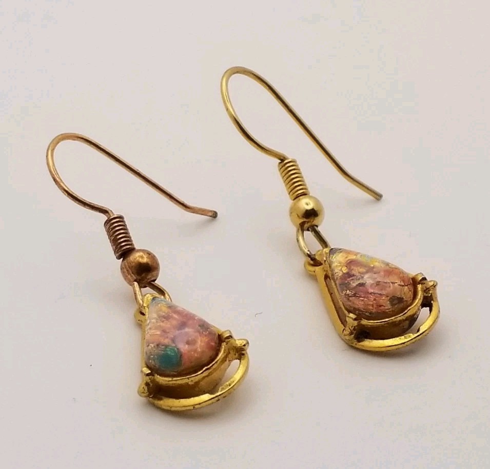 Vintage Dangle Earrings Fopals/ Faux Fire Opal Teardrops Gold Tone Setting MCM