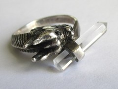 Sz 9.5 VINTAGE STERLING SILVER CLEAR QUARTZ ROCK CRYSTAL WAND DRAGON RING