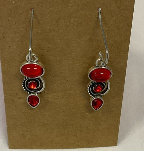Used Silver Tone Dangle Fashion Jewelry with Red Faux Stones