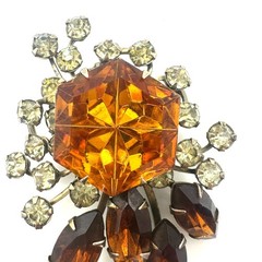 Vintage gold tone jonquil yellow topaz orange brown glass rhinestones brooch