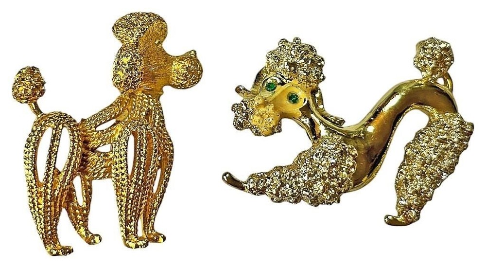 Vintage LOT of 2 w/ Gerry’s Poodle Green Rhinestone Eyes Gold Tone Brooch Signed