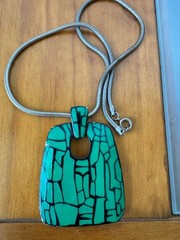 Eisenberg 1970’s Enamel Pendant Necklace Green Mosaic Modernist Signed!!
