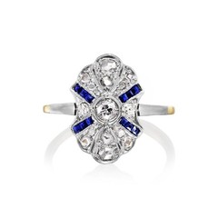 Art Deco Lab Created Diamonds ring with Blue Sapphire 925 Sterling Silver Ring