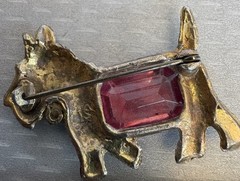 30s Vintage Scottie Dog Brooch Pot Metal Big Pink Glass Stone Signed Star S