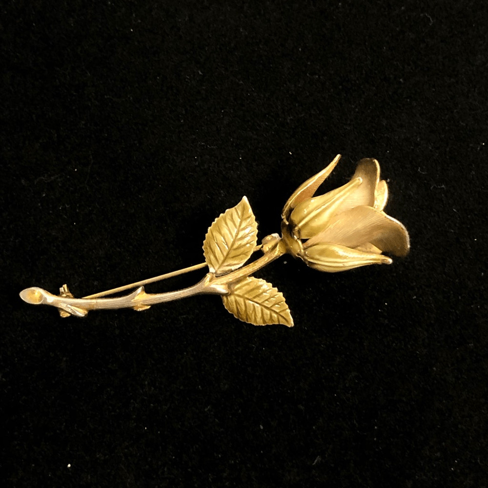 vintage long stem rose brushed gold tone enamel painted brooch 2.5 inches