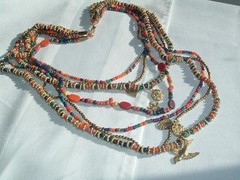 VINTAGE 7 STRAND MULTI COLOR GLASS BEAD CHARM NECLACE