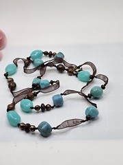 Vtg Cookie Lee Necklace Brown Ribbon Faceted Beads Blue Simulated Stone Bead 37″
