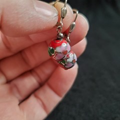 Vintage Cloisonne Earrings Dangle Floral Sterling Silver Red Pink 10mm Bead