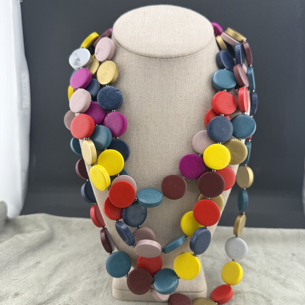Statement Necklace Layered Painted Wood Disc Bright Summer Party 18”