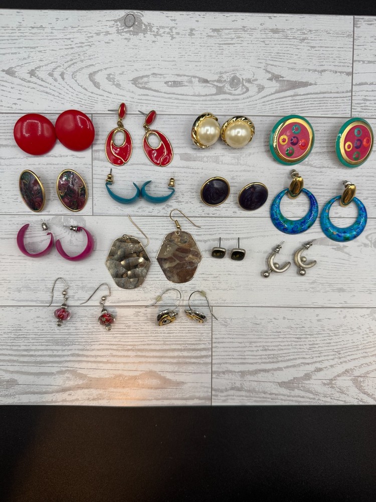 VTG 80s 90s Costume Earring Lot 14 Pairs Statement Retro Colorful Dangle Stud