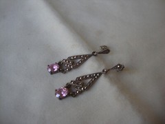 VINTAGE OPENWORK TEARDROP PINK TOPAZ W/MARCASITE SILVER 925 DANGLE STUD EARRINGS