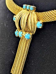 Vintage Mesh Tassel Fringe Necklace Faux Turquoise Gold Tone Victorian Revival