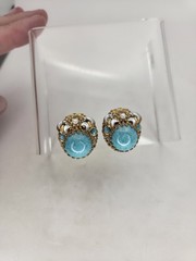 Vintage West Germany Blue Earrings Glass Cab Enamel Signed Clip Ons Rhinestone