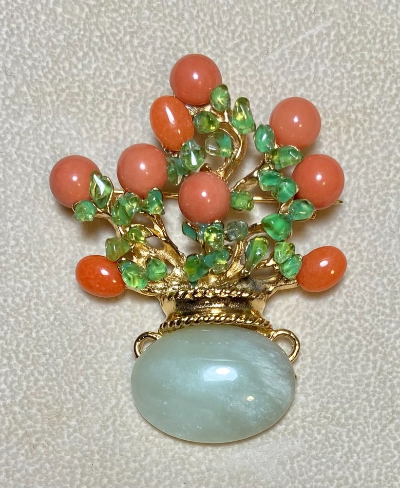 AUTHENTIC SWOBODA FLOWER VASE BROOCH ~ CORAL, PERIDOT, OLIVE JADE ~WOW!