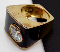 Ross Simons 925 Sterling Silver Gold Plate Black Enamel Crystal Ring sz6.5 BOLD
