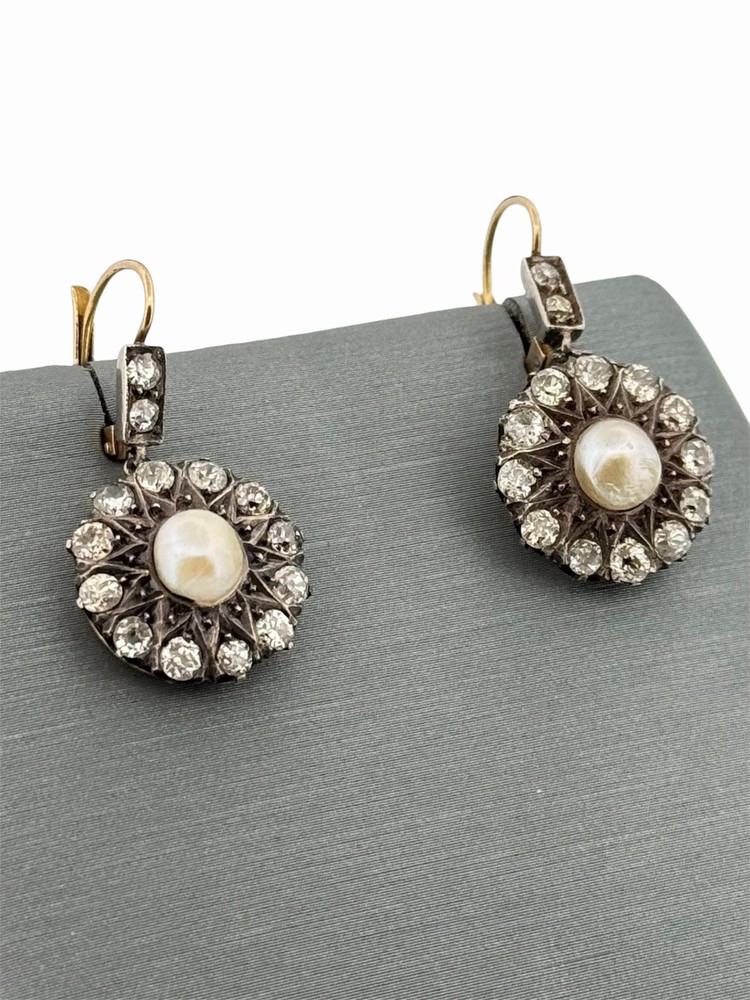 Antique Victorian Old Mine Cut Diamond Cluster Pearl Earrings 14K Gold & Silver