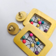 Vintage 1980s Yellow Wooden Rectangle Earrings With Colorful Bead Accents