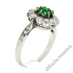 Antique Edwardian French Platinum Emerald & 0.66ct Old Cut Diamond Halo Ring
