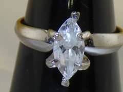 10mm Marquise Cut White Glass Prong Setting on 925 Sterling Vintage Ring Size 7
