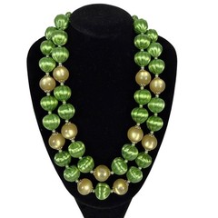 Vintage Japan Double Strand Green Ribbed & Champagne Satin Bead Necklace 18in