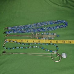 Lot 4 Necklaces Silver Tone Blues Beachy Glass Shells Beautiful Stackable 17-21″
