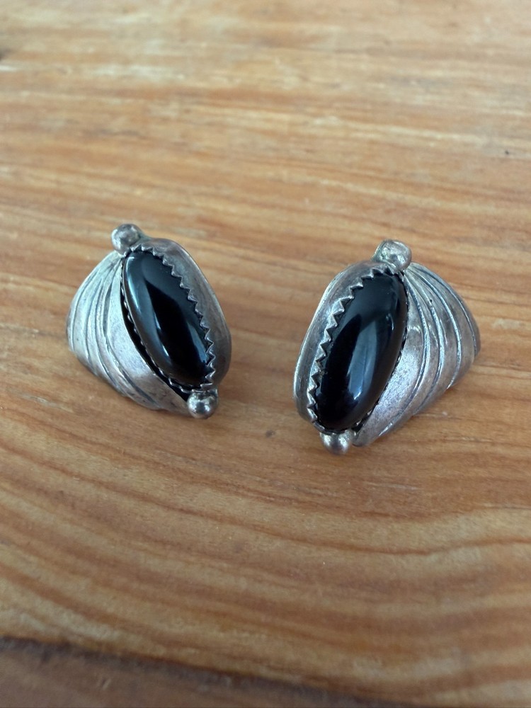 Vintage Patricia Platero Navajo Sterling Silver and Onyx post earrings- signed