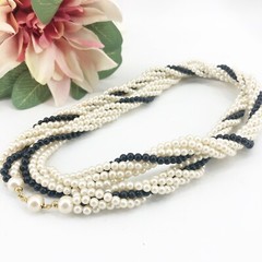 Vintage Multi Strand Faux Pearl Beaded white & Black Long Necklace 32” Estate