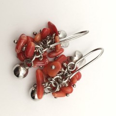 Vintage Sterling Silver Red Orange Coral Flower Hook Dangle Earrings 8.9g #97