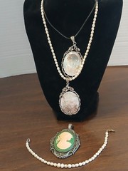 Lot of 4 Cameo Pendants Carved Shell Silver Tone With Pearl Necklace & Bracelet