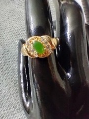 Vintage Gold Plated Ring With Jade And Simulated Diamonds Size 11