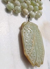 VINTAGE CARVED CALEDON JADE SCARAB PENDANT BEAD NECKLACE SET OOAK HUGE XLONG WOW